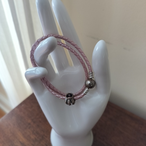 Pandora Leather Sterling Silver Claps Double Wrap Bracelet Women's - Picture 2 of 6